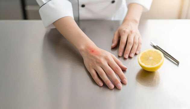 Chef's hand with minor injury beside lemon on stainless steel countertop  