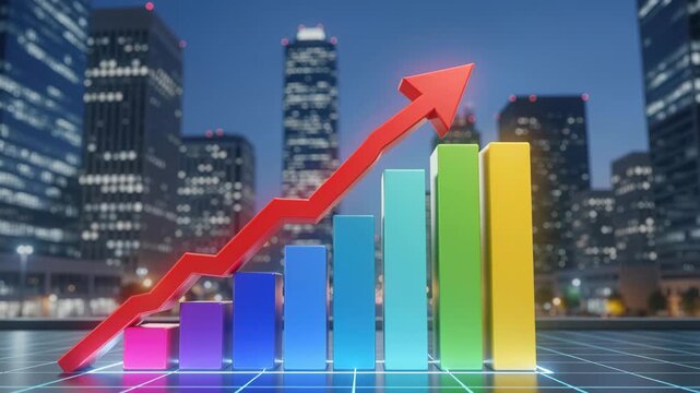 Upward Business Trend: A vibrant 3D graphic depicts a rising business trend, with colorful bars and an upward arrow against a backdrop of city skyscrapers, symbolizing growth and financial success.