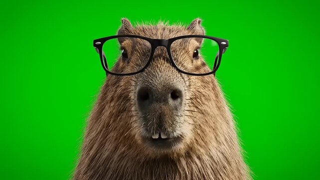 A humorous and intellectual capybara wearing stylish eyeglasses, looking directly forward with a curious expression on a vivid green screen, creating a unique and engaging character portrait