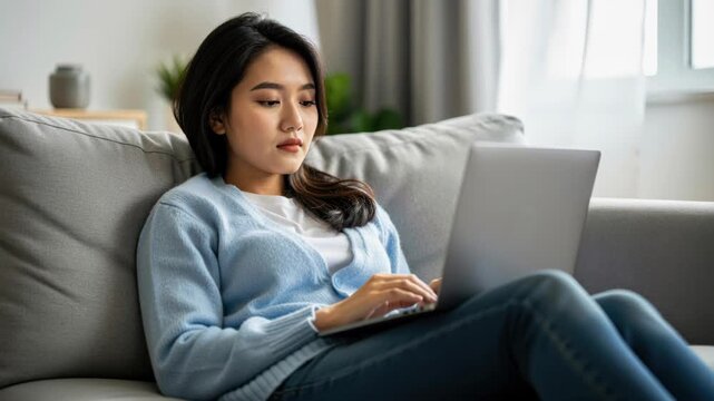 Focused Freelancer: A young Asian woman is engrossed in her work on a laptop while relaxing on a comfortable sofa at home, representing modern remote work and digital nomadism.