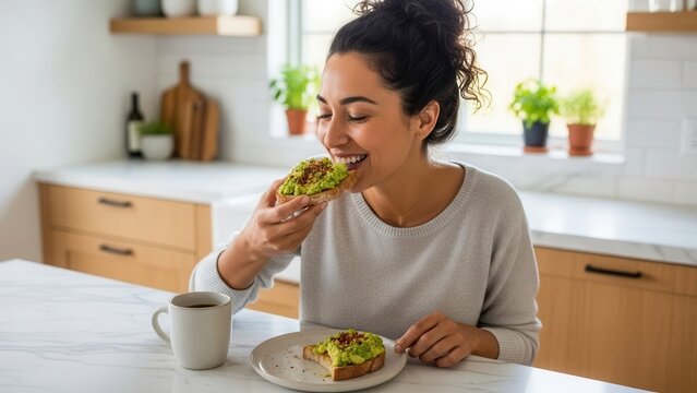 Woman eating avocado toast in kitchen