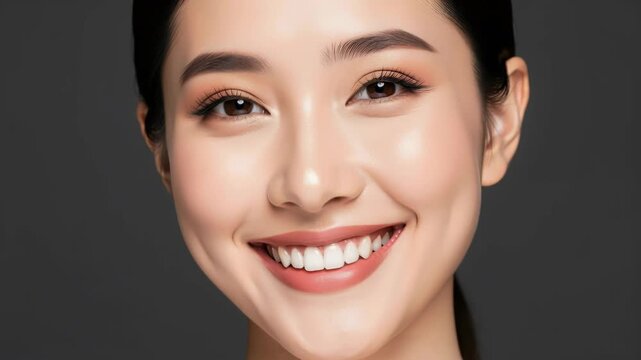 Radiant Smile: A close-up portrait of a beautiful Asian woman with clear, luminous skin and a captivating, warm smile. Her eyes sparkle with joy, and her healthy teeth gleam.
