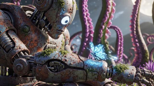 Rusty robot watches glowing butterfly in fantastical garden