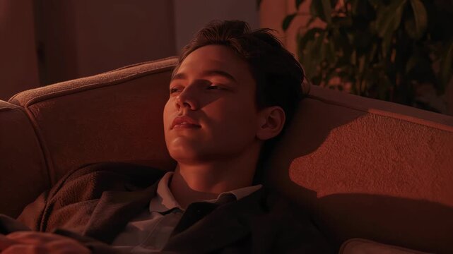 Young man reclining sofa warm evening light, relaxed contemplative portrait with peaceful cozy