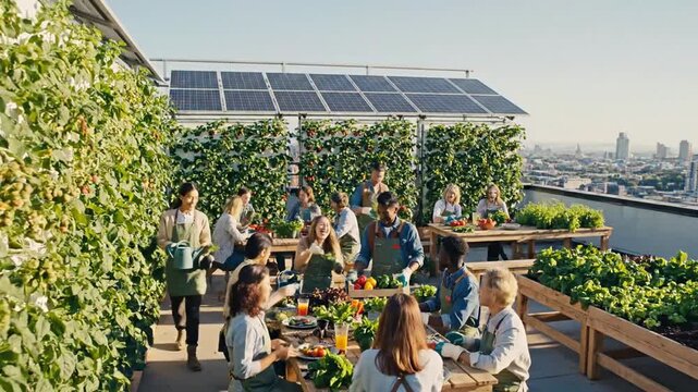 Urban farmers harvesting rooftop produce