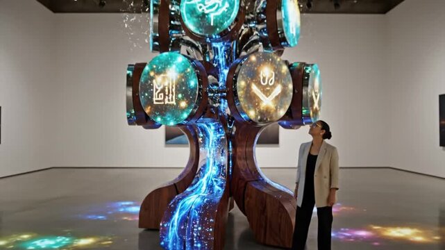 Woman views abstract sculpture gallery