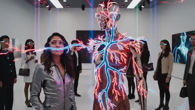 Woman in AR glasses interacts with humanoid robot in gallery