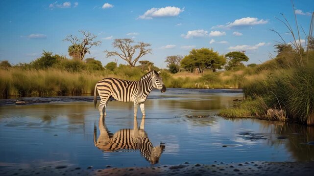 Zebra water reflection savanna grassland sunset. zebra standing shallow water reflecting stripes