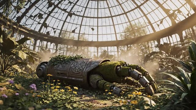 Overgrown robot in ruined glass dome with lush plants
