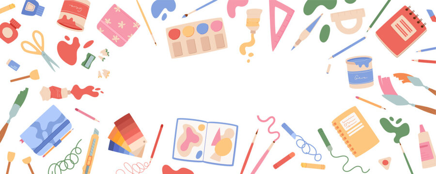 Flat painter supply on white template. Stationery art tool set as creative paint and crayon with brush and pencil. Horizontal sketchbook background for school study or workshop class, kids craft