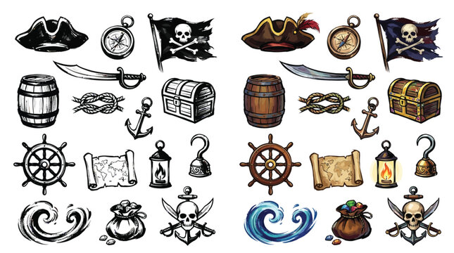 Collection of pirate-themed icons and symbols in both black and white and color versions, including hats, flags, treasure chests, and more.