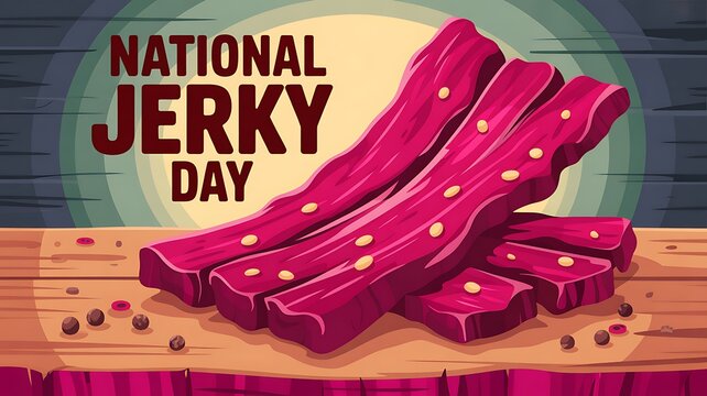 Smoked beef jerky strips with black peppercorns on a rustic wooden board for national jerky day food concept
