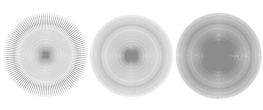 Circular sound waves, depicting audio music, round symbols of voice, icons and logos for equalizers, radial spectrum designs, ring patterns. vector eps10