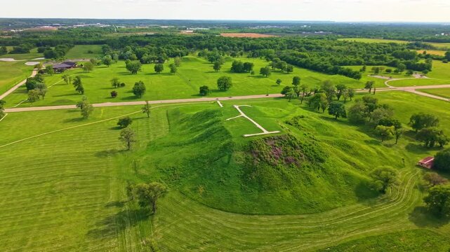 Scenic aerial view of Monks Mound rising above the historic landscape at Cahokia Mounds State Historic Site in Illinois