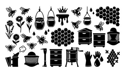 Modern Beekeeping Silhouette Vector Icons with Honey Bees Apiary Equipment and Honeycomb Shapes © Chiron