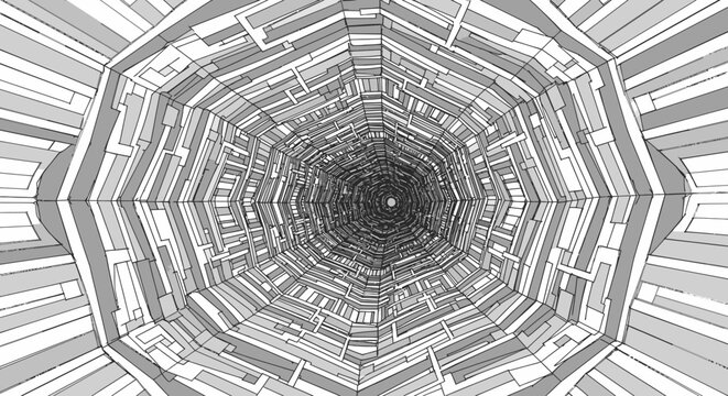 Infinite geometric tunnel in grayscale. Abstract futuristic digital background. Modern artistic data funnel pattern.
