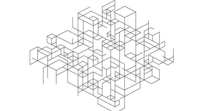 Abstract 3D geometric isometric grid pattern of interconnected lines. Modern technology, data, or architectural structure background.