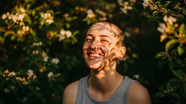 Young woman with shaved head smiling outdoors with leaf shadow patterns on face in garden