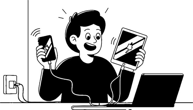 Overwhelmed person managing multiple electronic devices simultaneously.