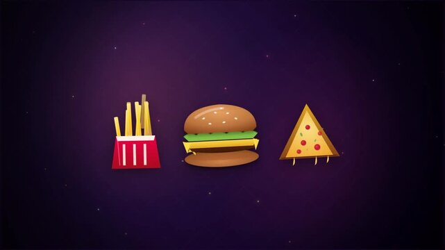 Animated junk food icons with calorie overload warning showing burger fries pizza donut and soda on dark purple background