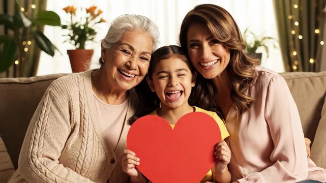 Three generations of women, grandmother, mother, and daughter, smiling and holding a red heart shape, celebrating love and family bonds at home.