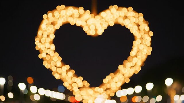 Large glowing heart shaped light structure at night.