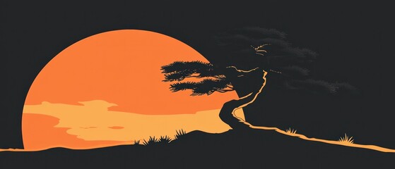 Fototapeta premium Tree silhouette against large orange sun minimalist nature landscape illustration
