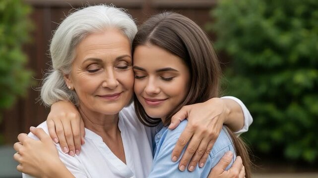 Senior Caucasian Woman and Young Adult Daughter Embracing with Affection and Love Outdoors