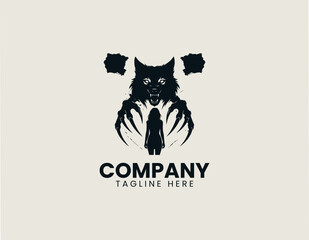 Fototapeta premium Mystical wolf spirit silhouette is displayed with female figure in dark fantasy vector illustration