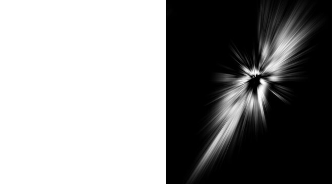 Abstract light burst with radial motion blur, white glowing explosion on black background, cinematic speed lines for sci-fi and action design