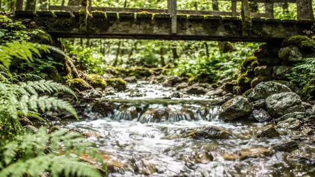 Forest Creek Under Wooden Bridge, Lush Greenery, Peaceful Nature Scene