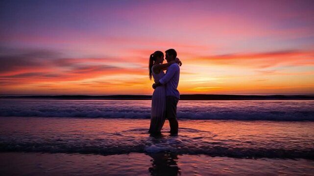 Young Caucasian Couple Embracing on Beach at Sunset Romantic Vacation Moment