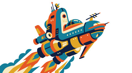 Colorful futuristic cartoon spaceship flying in space, vibrant vector illustration for sci-fi, cosmic adventure, and exploration concept © NANDO