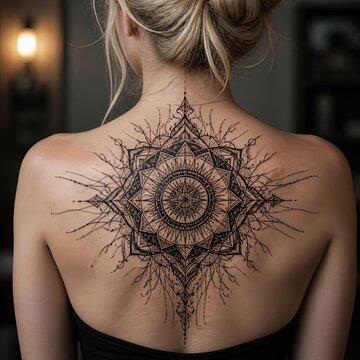 A detailed black ink mandala tattoo with elaborate patterns covering a woman's upper back and neck area