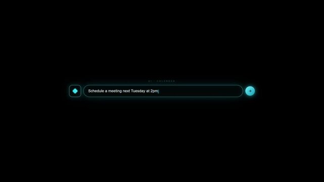 AI calendar interface displaying scheduled team sync meeting with attendees on dark futuristic dashboard