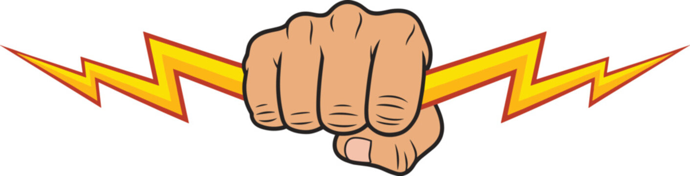 Fist Crushing Lightning Bolt on White Background