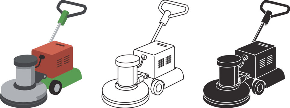 Floor buffer machine in three styles isometric line and silhouette