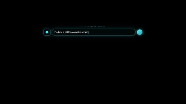 AI recommendation interface showing curated gift products with match percentage and ratings on dark futuristic dashboard