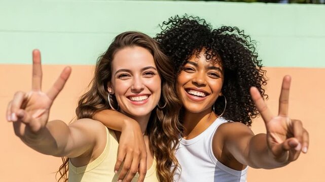 Two diverse young women friends smiling and making peace signs posing together against a pastel wall