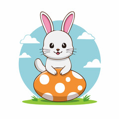 Fototapeta premium Cute White Bunny Sitting on a Polka Dot Egg