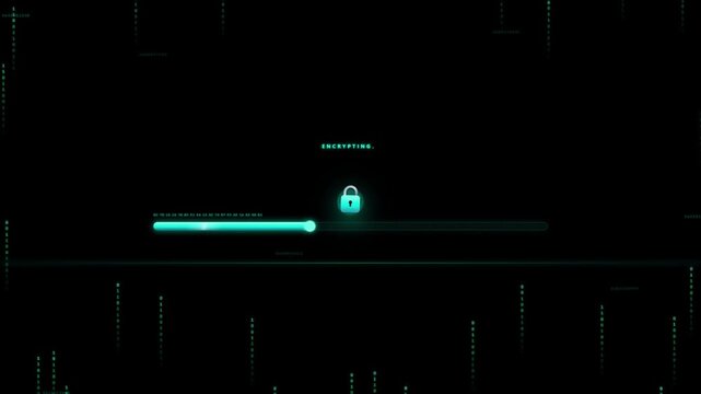 Cybersecurity 256-bit encryption screen with shield icon and binary code on dark green background