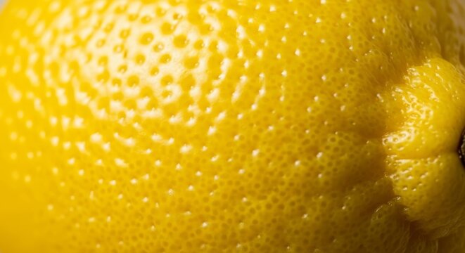 A detailed macro shot showing the vibrant yellow surface of a fresh lemon, highlighting the intricate citrus oil glands and bumpy texture, bright, botany, acidic