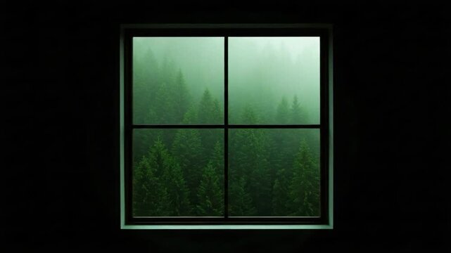 Misty evergreen forest view through a dark window frame, moody atmospheric nature scenery for interior design background