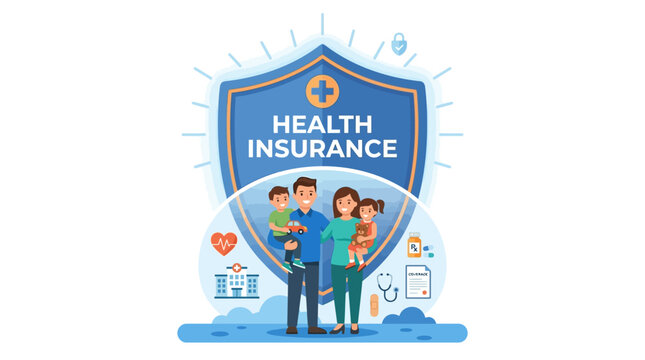 Family standing under a health insurance shield with medical symbols around them