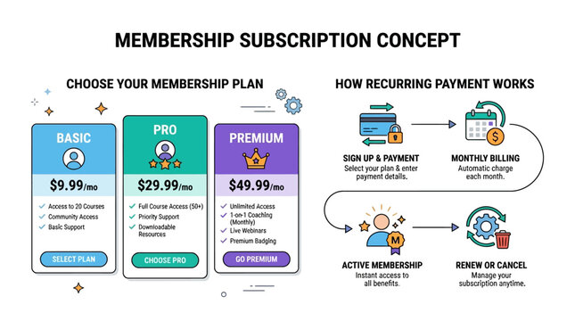 Membership plans comparison infographic explains payment process