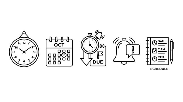 A line of icons depicting a clock, calendar, due date, alarm, and schedule book on a plain surface.