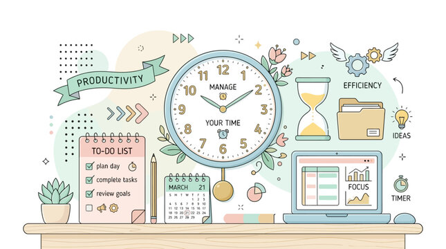 A cluttered desk with a laptop, clock, and calendar displays productivity tools and a schedule in an office setting indoors.