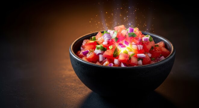 Chunky red salsa in a dark bowl features magical glowing highlights on fresh tomato pieces and onion under soft ambient lighting, sparkle, dip, cooking