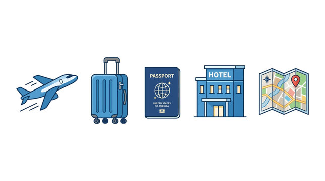 Travel icons including airplane, luggage, passport, hotel, and map