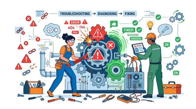 Two workers troubleshoot and fix industrial machinery with safety symbols nearby.
